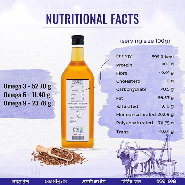 Janki's Shuchi Shuchi Wood Pressed Flaxseed Oil 1 Ltr I Certified Organic Cold Pressed Flaxseed Oil With I Virgin & Natural Healthy Cooking Oil Extracted Using Lakdi Ghani/Kacchi Ghani/Chekku Method - Image 3